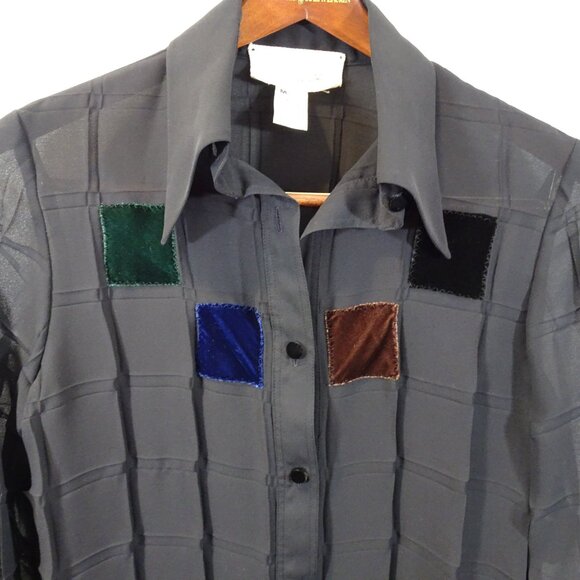 Yoshimi Koyama Paris Sheer Black Blouse Size M Velvet Buttons Patchwork Lagenloo - Picture 2 of 7